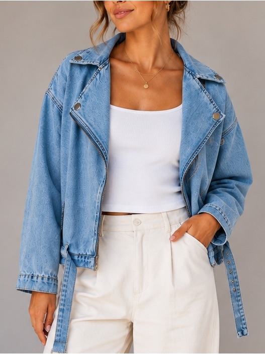 Forever 21 Light Wash Denim Moto Jacket Belted Biker Style Women’s Medium